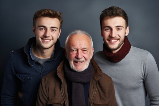 Three generations of men posing together with happy smiles on a dark background. Generations of Men Smiling Together - Powered by Adobe