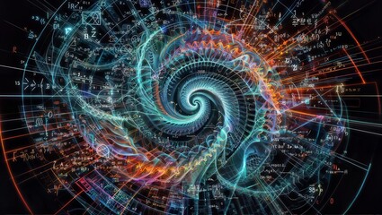 A digital visualization of a swirling vortex or spiral galaxy composed of mathematical equations, symbols, and formulae, representing the complex relationship between science, technology. - obrazy, fototapety, plakaty