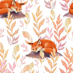 Seamless pattern with cute sleepy fox. Floral background. - 762422228