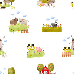 Farm seamless pattern with domestic animals, cattle, artiodactyla animals walking on a green lawn. Farm Animal and Barnyard Background Pattern. Ideal for packaging, children's room, clothes