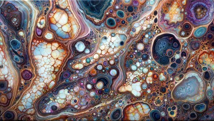 A mesmerizing abstract pattern composed of vibrant and intricate mineral formations, geodes, and organic shapes in hues of blue, orange, purple, and white. - obrazy, fototapety, plakaty