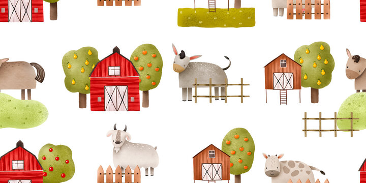 Cute Farm pets seamless pattern. Hand drawn hand drawn domestic animals. Rustic seamless background with farmhouse, trees, horse, goat, cow.  Village landscape background