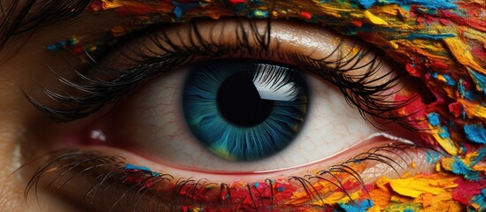 A detailed closeup of a womans brown eye with colorful paint on the iris, eyelash, and eyebrow. The makeup includes eye shadow and eyeliner, enhancing the nerve and beauty of the human body - obrazy, fototapety, plakaty