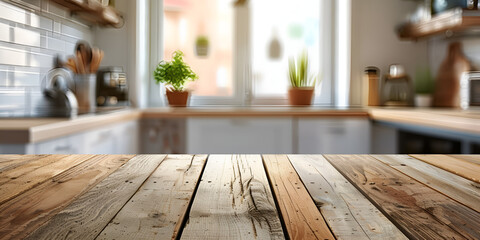 Empty wooden table with blurred vintage kitchen on background