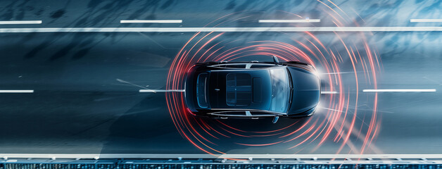 An EV or smart car glides through traffic, its sensors alert to road conditions, effortlessly avoiding obstacles—an epitome of smart, eco-friendly mobility