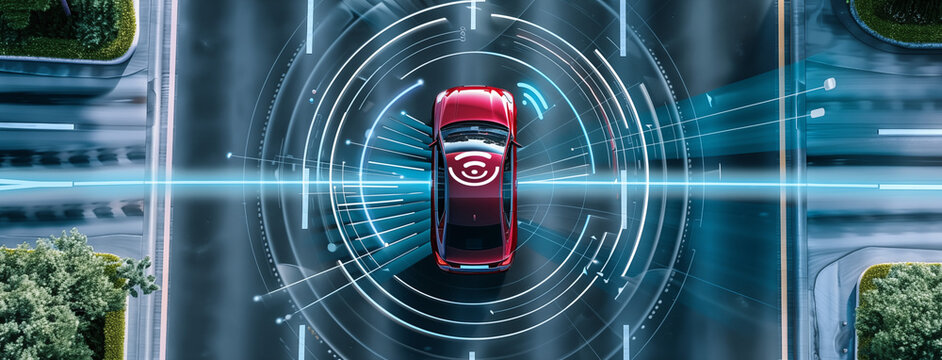An EV or smart car glides through traffic, its sensors alert to road conditions, effortlessly avoiding obstacles—an epitome of smart, eco-friendly mobility