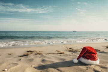Fototapeta na wymiar Festive Santa beach hat on sand. Paradise landscape. Generate Ai