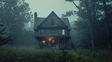 Abandoned cottage in the middle of nowhere in the woods. Generative AI