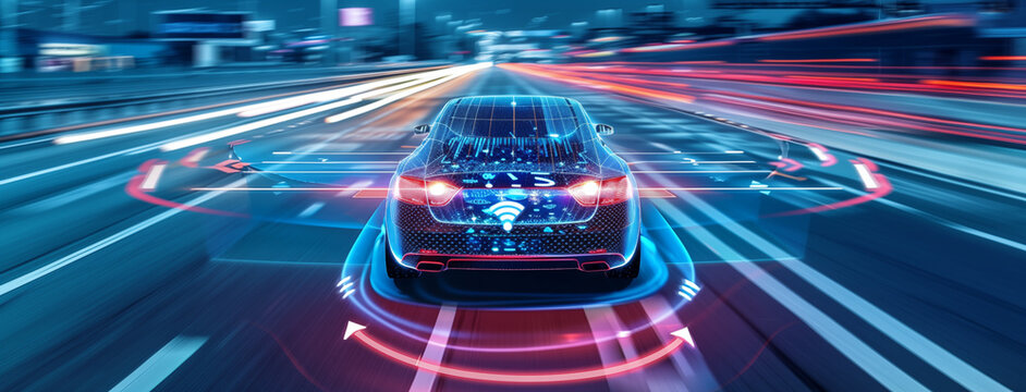 An EV or smart car glides through traffic, its sensors alert to road conditions, effortlessly avoiding obstacles—an epitome of smart, eco-friendly mobility