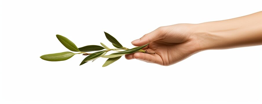 A hand holding an olive paper isolated on white background