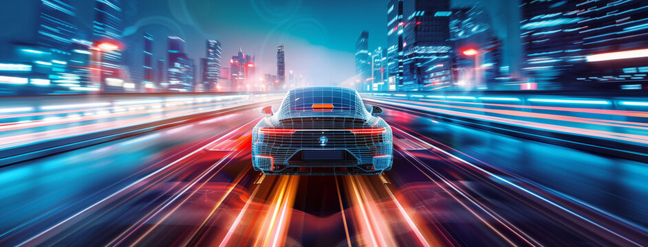 An EV or smart car glides through traffic, its sensors alert to road conditions, effortlessly avoiding obstacles—an epitome of smart, eco-friendly mobility