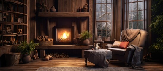 Fototapeta premium A living room in a house with hardwood flooring, a fireplace, and a comfortable chair near the window
