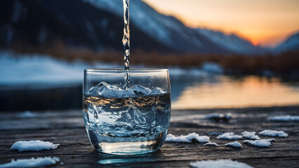 Glass of pouring crystal water against blurred nature snow mountain landscape background. Organic pure natural water. Healthy refreshing alkaline.