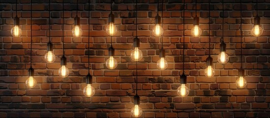 A pattern of amber lights in a circle hangs from a metal font on a brick wall, warming the darkness with a wood event. The heat creates a mesmerizing display