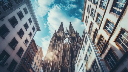 dome at cologne from low angle view - obrazy, fototapety, plakaty