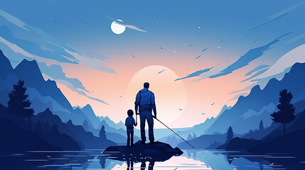 Happy Fathers day. Father and child spending time together in nature, traveling and fishing, stylish flat illustration. Modern greeting card. Father with son postcard. Generated ai - obrazy, fototapety, plakaty