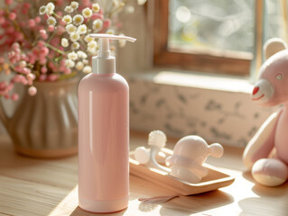 Fototapeta na wymiar pink shampoo bottle mockup with white pump on wooden table