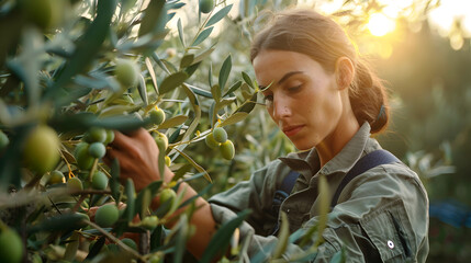 A woman olive grower collects olives from an olive tree. Olive growing