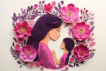 Happy Mothers day. Beautiful mother with child on background of blooming flowers, paper cut out illustration. Modern colorful floral greeting card template. Happy Womens day. Generated ai