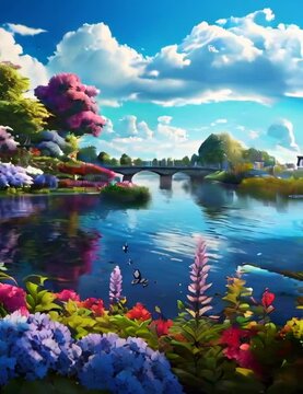 A anime style image of a beautiful flower garden situated at a bank of river video Generative AI