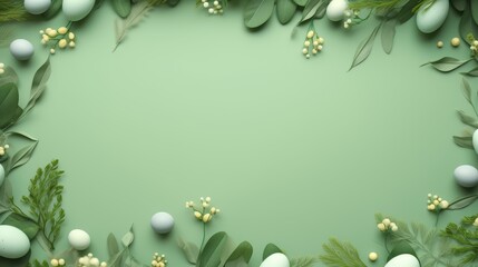 Fototapeta na wymiar Elegant Green Floral Frame with White Flowers and Lush Leaves with Easter eggs sense of nature background