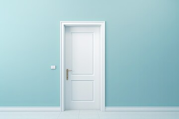 A white door next to a light cyan wall - obrazy, fototapety, plakaty