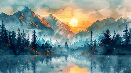 Fotobehang Blauwgroen wallpaper, watercolor mountain landscape with river and trees, sunrise over the lake.  Modern art, prints, wallpapers, posters and murals