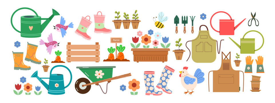 Set of stickers on garden theme: apron, watering can, seedlings, tools, beds with carrots, garden cart on wheels, birds, chicken, flower pots. Vector illustration of elements for country farm.