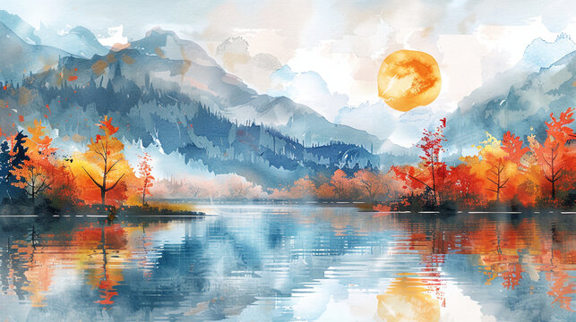 wallpaper, watercolor mountain landscape with river and trees, sunrise over the lake.  Modern art, prints, wallpapers, posters and murals