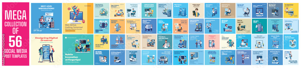 Poster mega collection of 56 social media post design template. used for web and mobile app developer adver