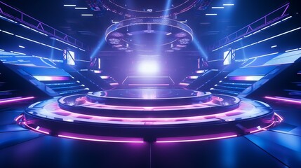 Futuristic stage with neon lights and a modernistic design. High-tech event platform with vibrant lighting. Concept of future entertainment, virtual concert, and cutting-edge event design.