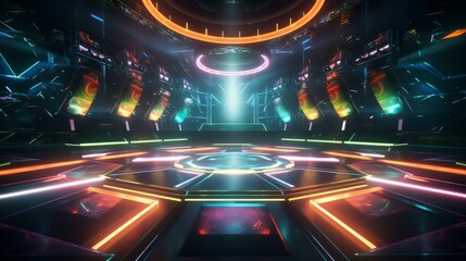 Futuristic concert stage with dynamic neon rainbow illumination. Modern Night Club. Concept of virtual reality events, futuristic concerts, and high tech stage design.