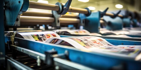 Side view of newspapers on a printing conveyor , concept of Mass production - obrazy, fototapety, plakaty