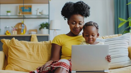 A woman and a child are sitting on a couch, looking at a laptop - obrazy, fototapety, plakaty
