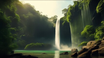 Illustration of a waterfall in the tropics.