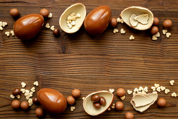 Assortment of chocolate sweets and eggs. Chocolate background