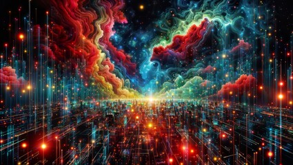 A futuristic digital cityscape under a cosmic sky, with towering structures emitting radiant lights, intertwined with colorful nebulae and stars.