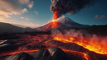 Volcano erupting with lava and ash