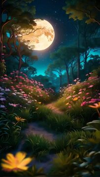 A mystical forest filled with vibrant flowers and lush greenery all illuminated by the soft glow of the moon video Generative AI