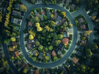 Aerial drone photography of circular road encircling green park in urban setting, depicting city planning and architecture, nature integration - obrazy, fototapety, plakaty