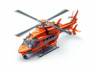 Orange rescue helicopter in flight, aerial vehicle photography, emergency services from above, isolated on white background