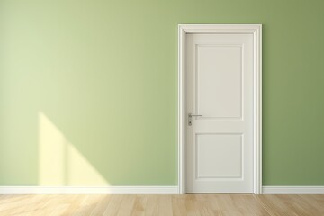 Fototapeta na wymiar A white door next to a light olive wall