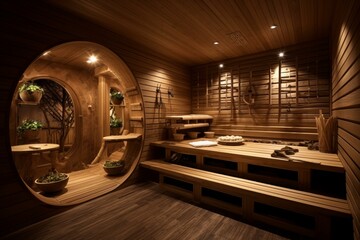 Tranquil Modern wooden sauna spa. Cabin temperature. Generate Ai
