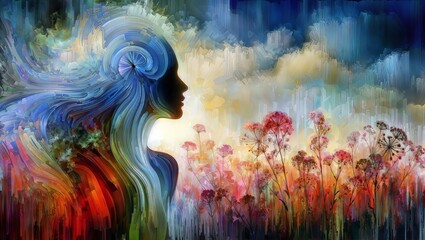 An abstract painting blending a woman’s silhouette with a colorful, swirling backdrop and a field of flowers under a cloudy sky, conveying a fusion of realism and fantasy. - obrazy, fototapety, plakaty