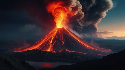 Volcano erupting with lava and ash