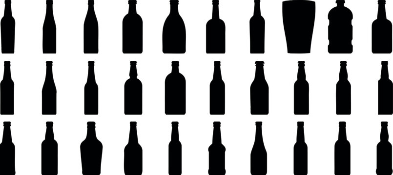 wine bottle silhouette, diverse bottles, stark contrast against white background, ideal for wine, beverage industry designs, and artistic applications