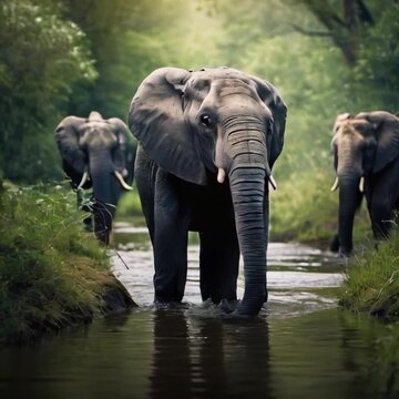 Very beautiful elephants walking in jungle kennel video Generative AI