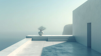 White minimal architecture building with view on the sea. Marble floor and wall. Background empty wide space for mock up, 