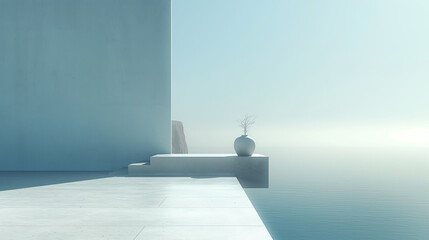 Minimal architecture background with view on the sea. Marble floor and wall. Background empty wide space for mock up, 