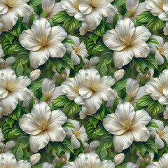 Vibrant floral pattern with flowers, seamless background for design.